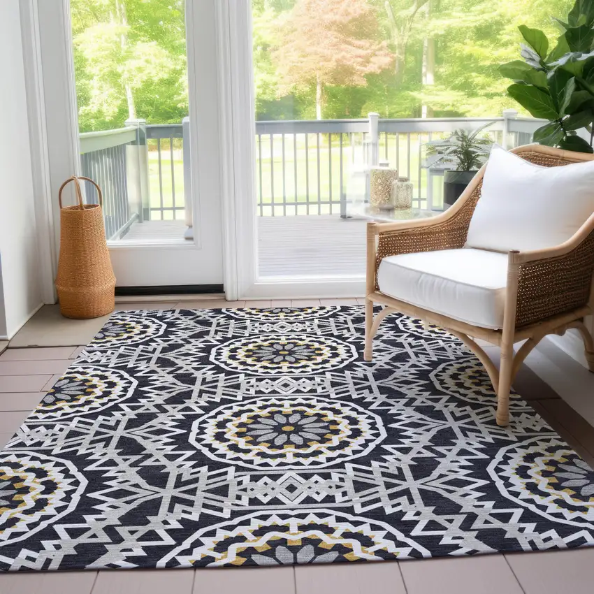 Black Ivory And Gray Floral Medallion Washable Indoor Outdoor Area Rug Photo 9