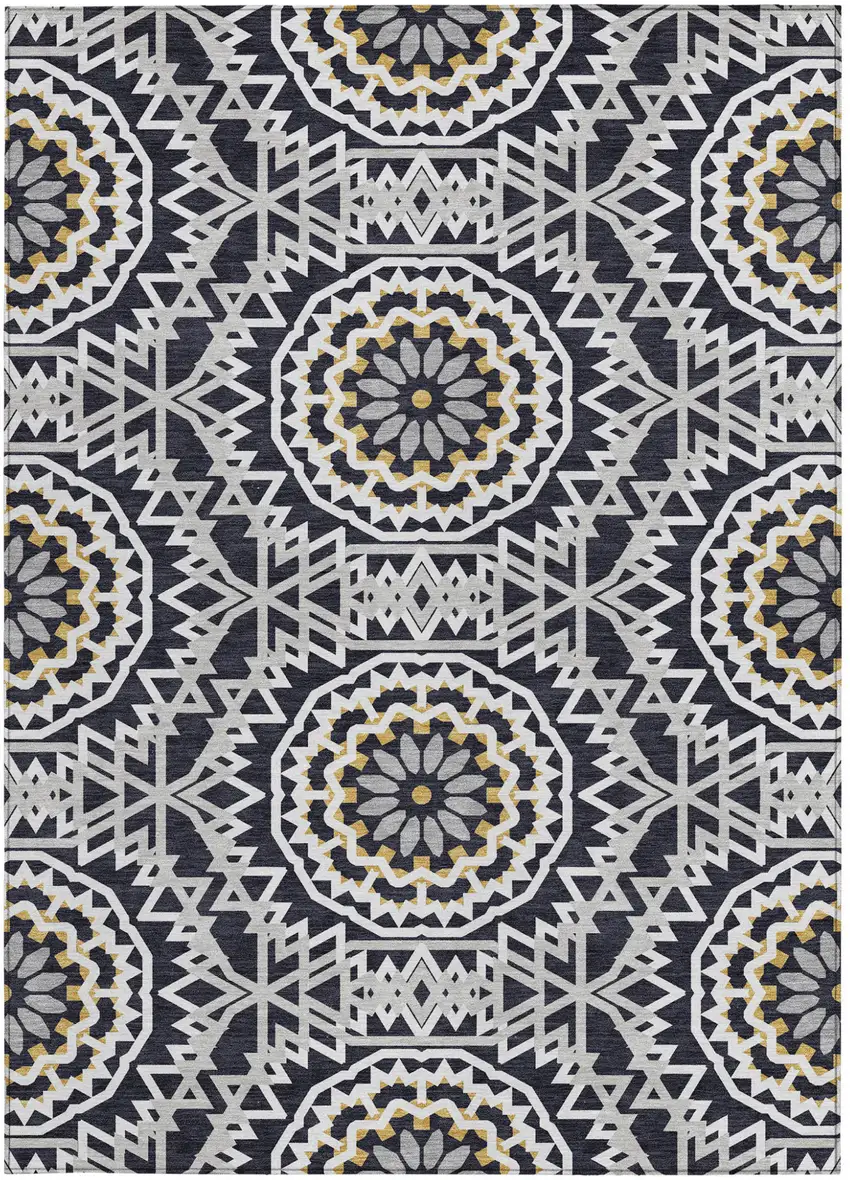 Black Ivory And Gray Floral Medallion Washable Indoor Outdoor Area Rug Photo 7