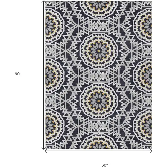 Black Ivory And Gray Floral Medallion Washable Indoor Outdoor Area Rug Photo 3