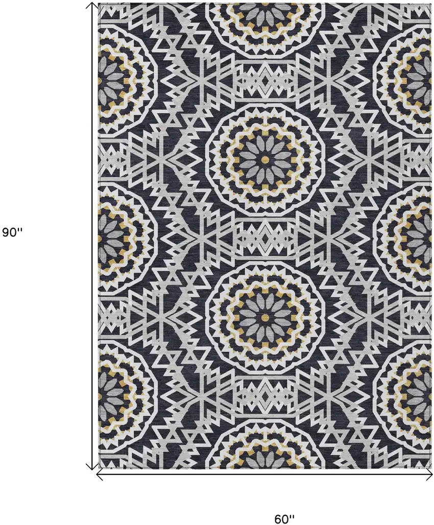 Black Ivory And Gray Floral Medallion Washable Indoor Outdoor Area Rug Photo 3