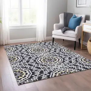 Photo of Black Ivory And Gray Floral Medallion Washable Indoor Outdoor Area Rug