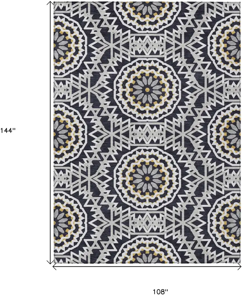 Black Ivory And Gray Floral Medallion Washable Indoor Outdoor Area Rug Photo 3