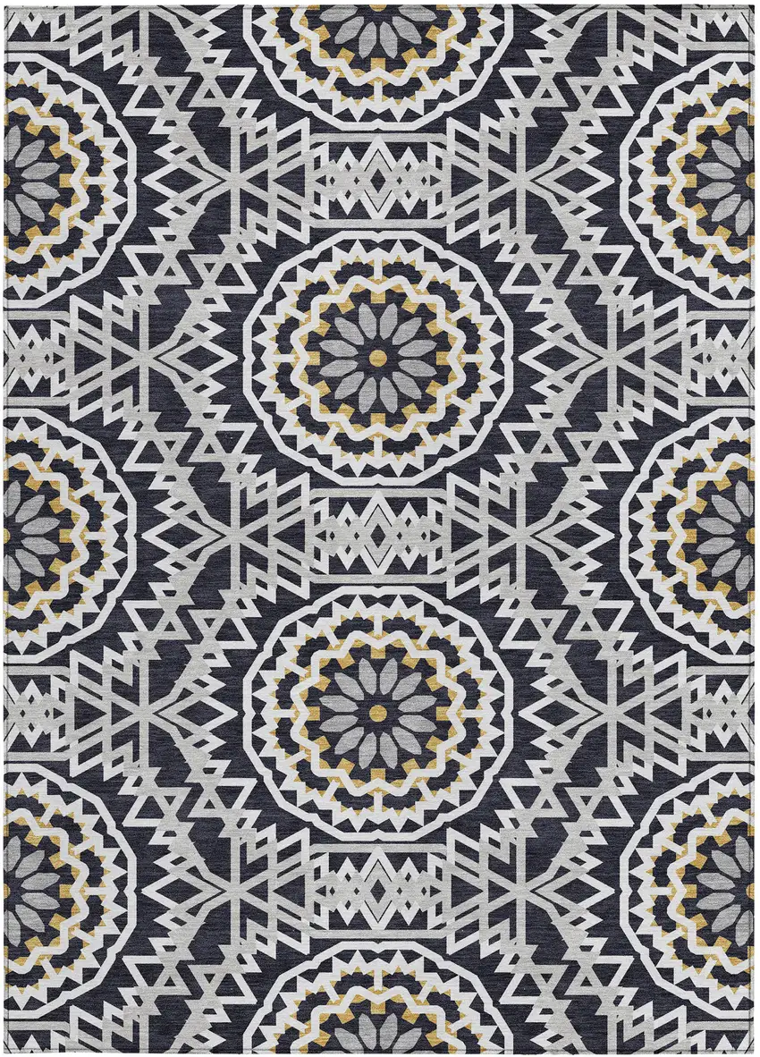 Black Ivory And Gray Floral Medallion Washable Indoor Outdoor Area Rug Photo 7