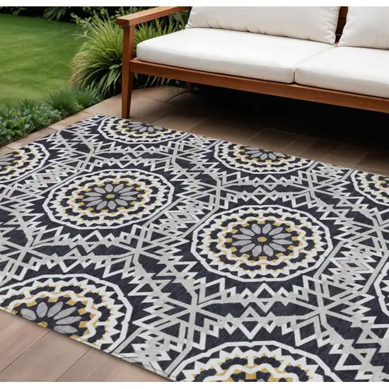 Black Ivory And Gray Floral Medallion Washable Indoor Outdoor Area Rug Photo 1