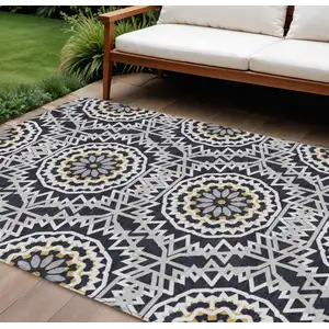 Photo of Black Ivory And Gray Floral Medallion Washable Indoor Outdoor Area Rug