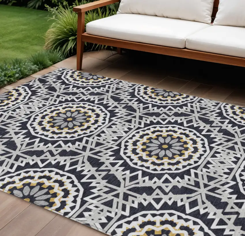 Black Ivory And Gray Floral Medallion Washable Indoor Outdoor Area Rug Photo 1