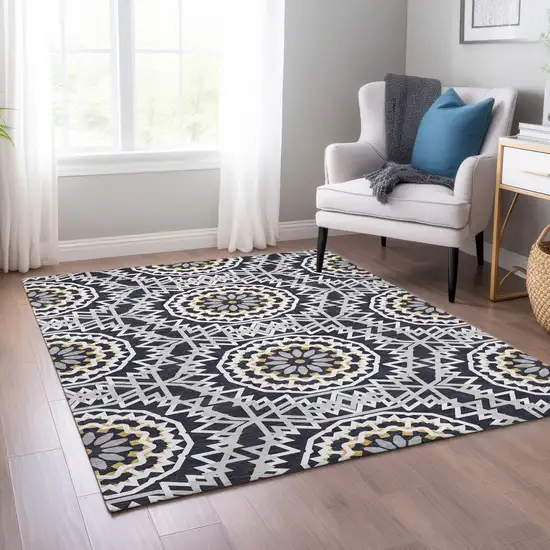 Black Ivory And Gray Floral Medallion Washable Indoor Outdoor Area Rug Photo 9