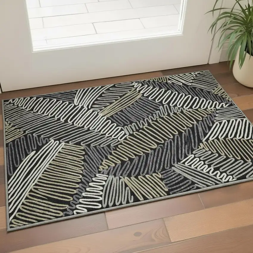 Black Ivory And Gray Floral Washable Area Rug With UV Protection Photo 2