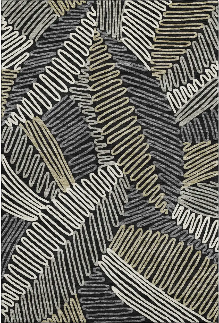 Black Ivory And Gray Floral Washable Area Rug With UV Protection Photo 1