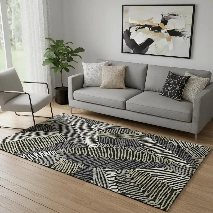 Black Ivory And Gray Floral Washable Area Rug With UV Protection Photo 1