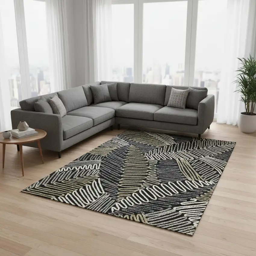 Black Ivory And Gray Floral Washable Area Rug With UV Protection Photo 2