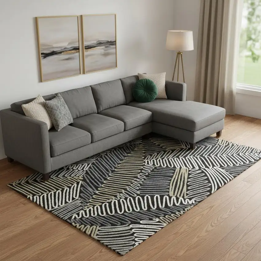 Black Ivory And Gray Floral Washable Area Rug With UV Protection Photo 1