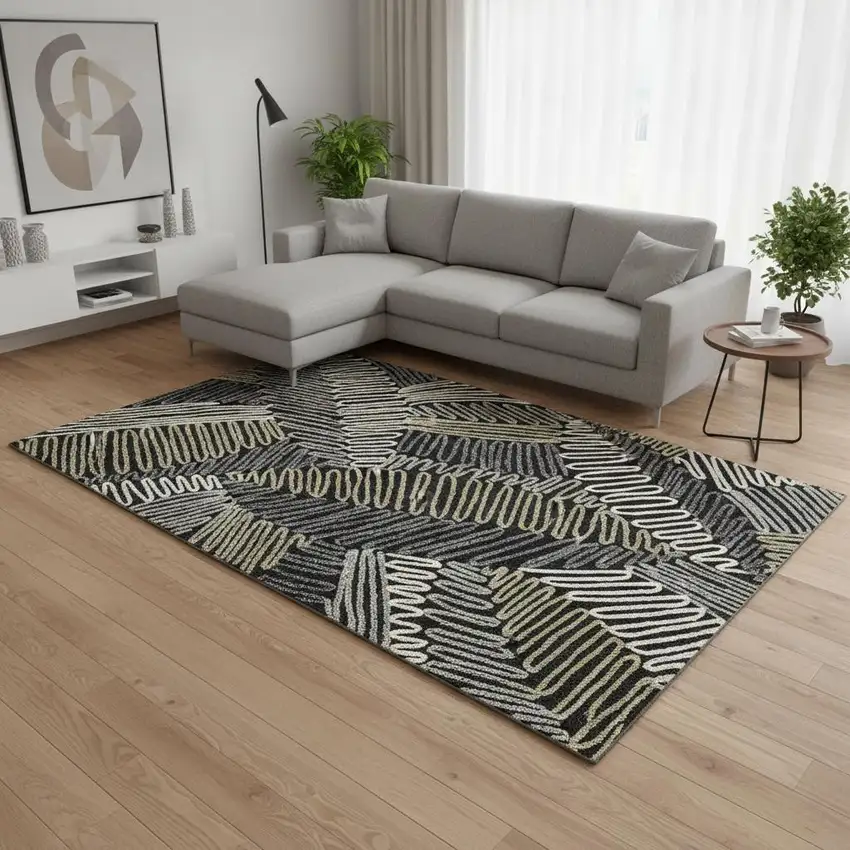 Black Ivory And Gray Floral Washable Area Rug With UV Protection Photo 2