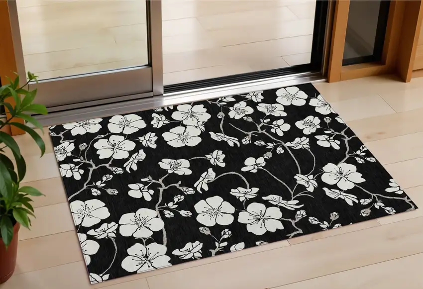Black Ivory And Gray Floral Washable Indoor Outdoor Area Rug Photo 1