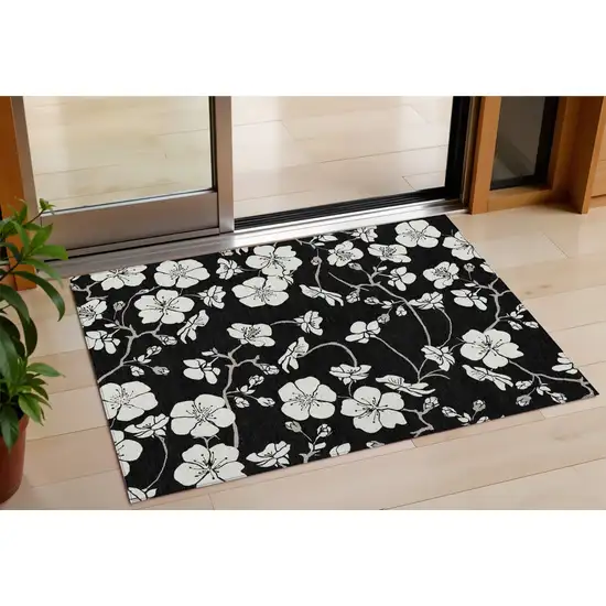 Black Ivory And Gray Floral Washable Indoor Outdoor Area Rug Photo 1