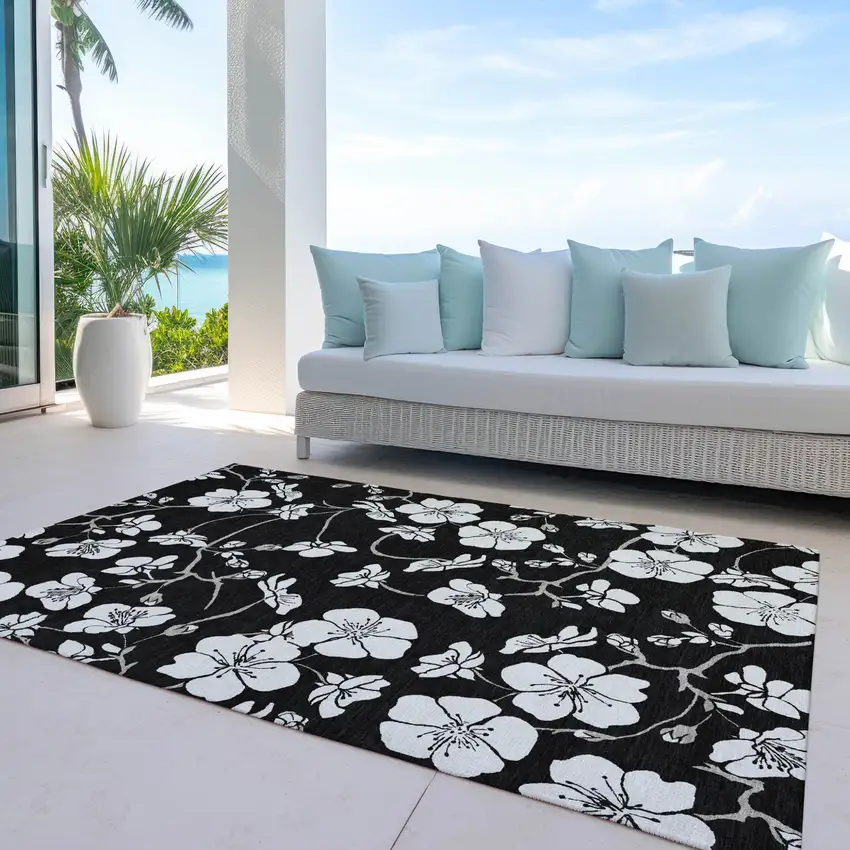Black Ivory And Gray Floral Washable Indoor Outdoor Area Rug Photo 9