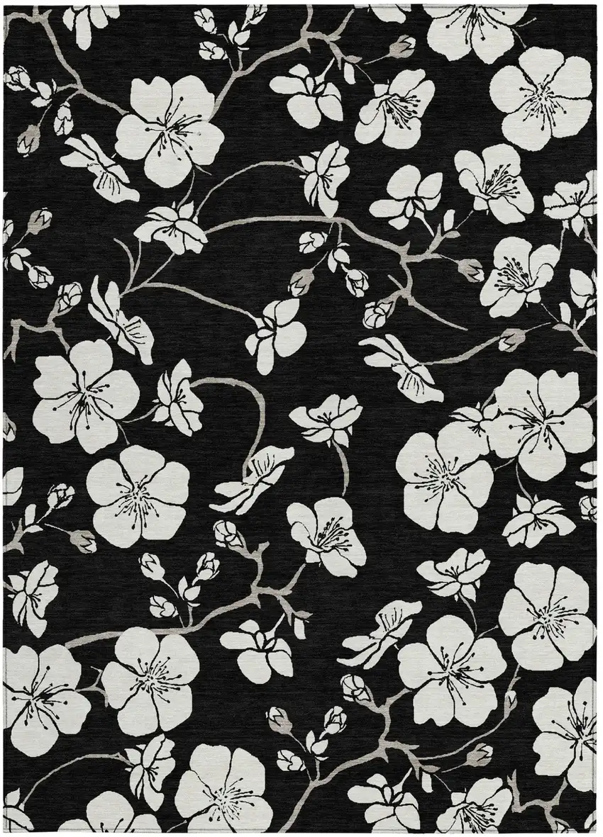 Black Ivory And Gray Floral Washable Indoor Outdoor Area Rug Photo 6