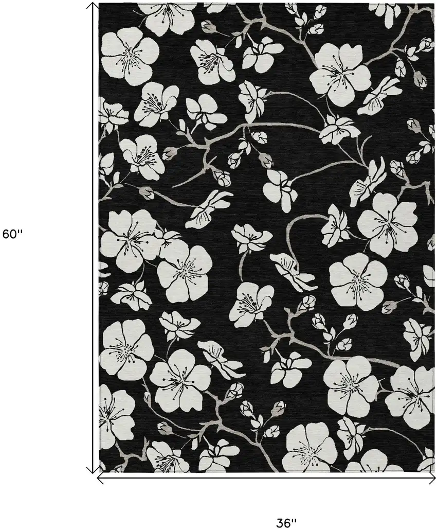 Black Ivory And Gray Floral Washable Indoor Outdoor Area Rug Photo 3