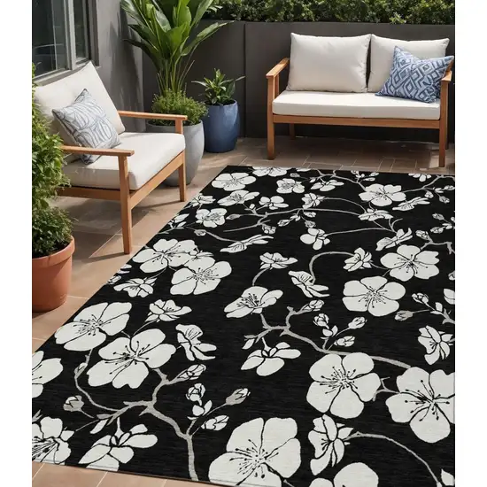 Black Ivory And Gray Floral Washable Indoor Outdoor Area Rug Photo 1
