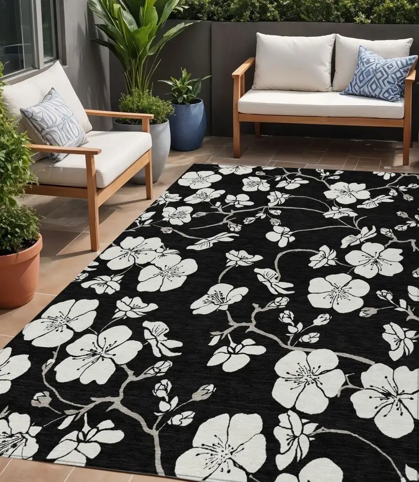 Black Ivory And Gray Floral Washable Indoor Outdoor Area Rug Photo 1