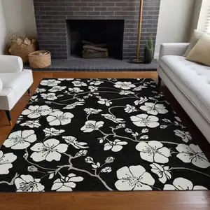 Photo of Black Ivory And Gray Floral Washable Indoor Outdoor Area Rug