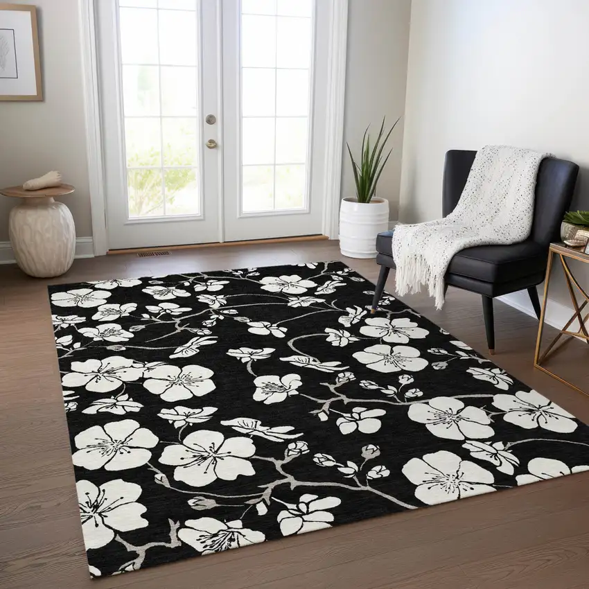 Black Ivory And Gray Floral Washable Indoor Outdoor Area Rug Photo 8