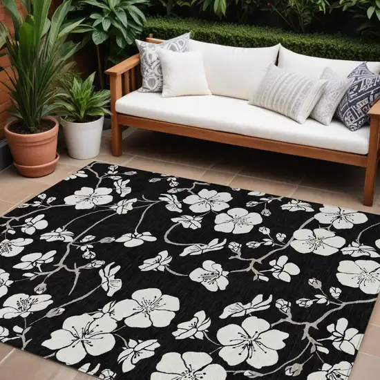 Black Ivory And Gray Floral Washable Indoor Outdoor Area Rug Photo 1