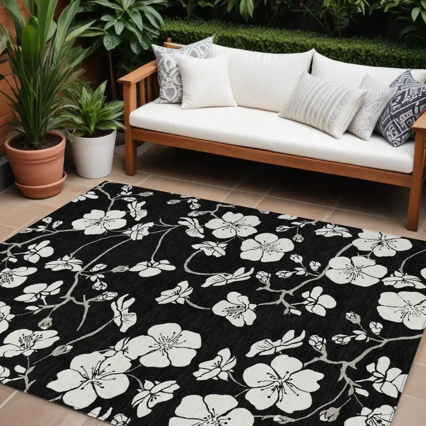 Black Ivory And Gray Floral Washable Indoor Outdoor Area Rug Photo 1