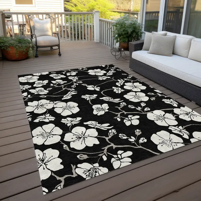 Black Ivory And Gray Floral Washable Indoor Outdoor Area Rug Photo 7