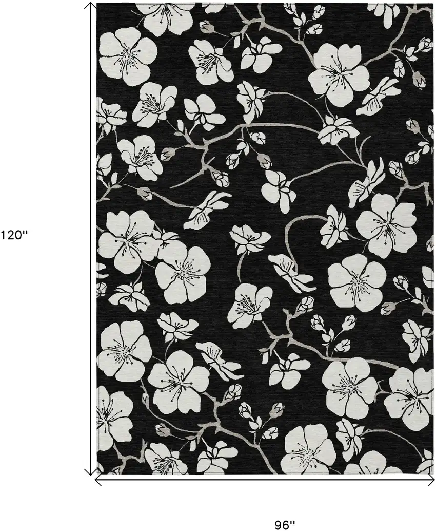 Black Ivory And Gray Floral Washable Indoor Outdoor Area Rug Photo 3