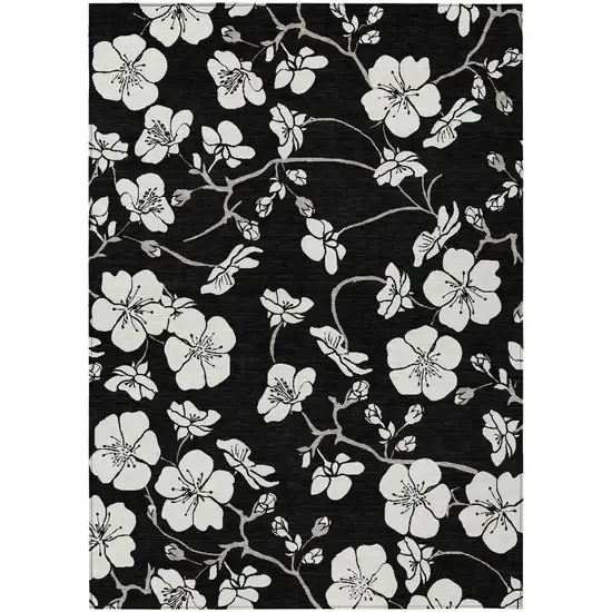 Black Ivory And Gray Floral Washable Indoor Outdoor Area Rug Photo 2