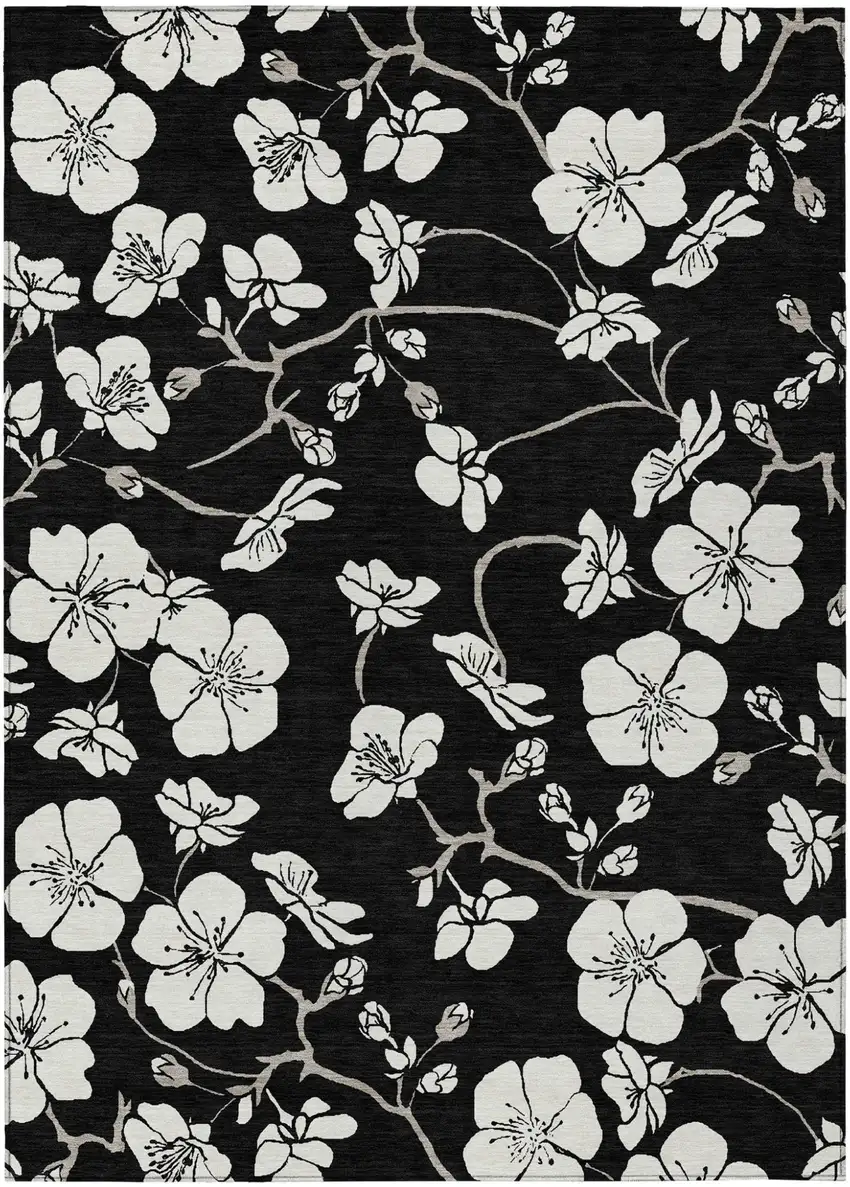 Black Ivory And Gray Floral Washable Indoor Outdoor Area Rug Photo 2