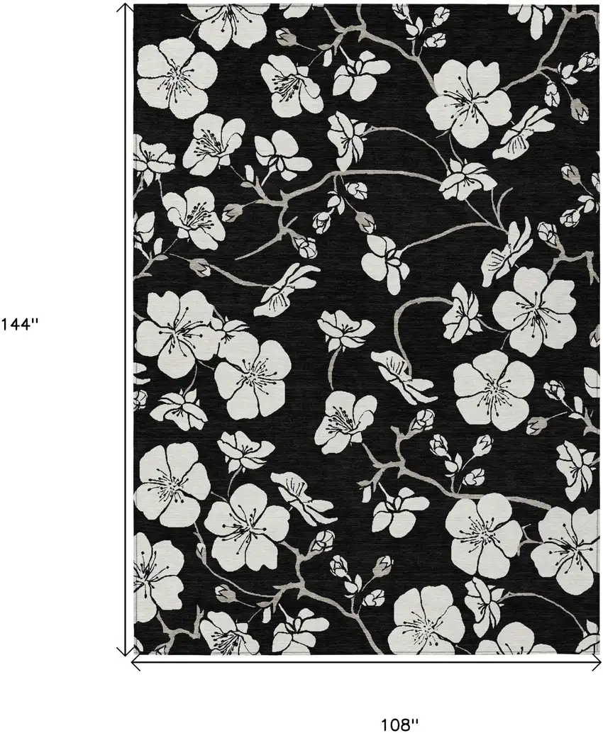 Black Ivory And Gray Floral Washable Indoor Outdoor Area Rug Photo 3