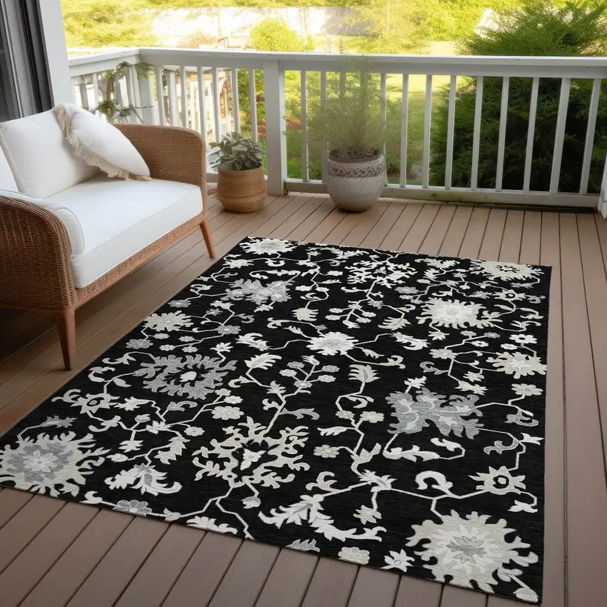 Black Ivory And Gray Floral Washable Indoor Outdoor Area Rug Photo 5