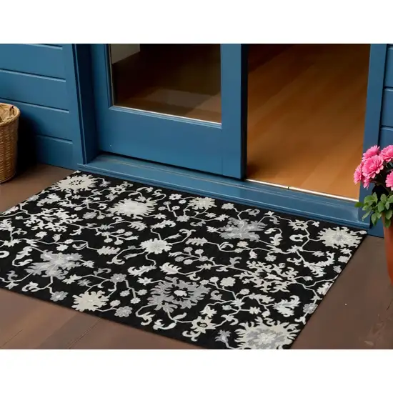 Black Ivory And Gray Floral Washable Indoor Outdoor Area Rug Photo 2