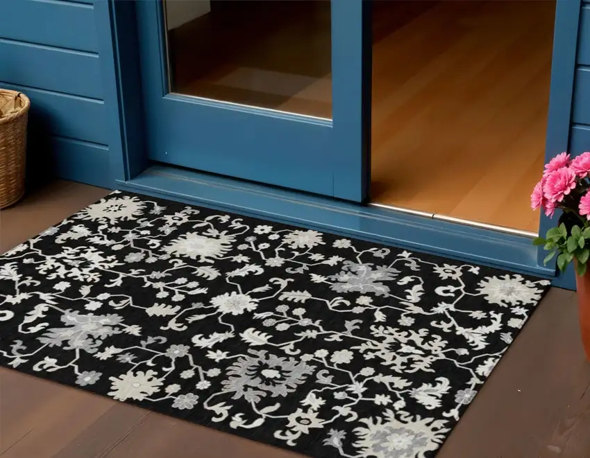 Black Ivory And Gray Floral Washable Indoor Outdoor Area Rug Photo 2
