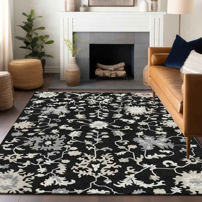 Black Ivory And Gray Floral Washable Indoor Outdoor Area Rug Photo 6