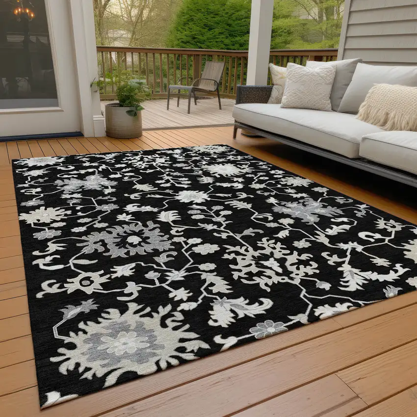 Black Ivory And Gray Floral Washable Indoor Outdoor Area Rug Photo 7