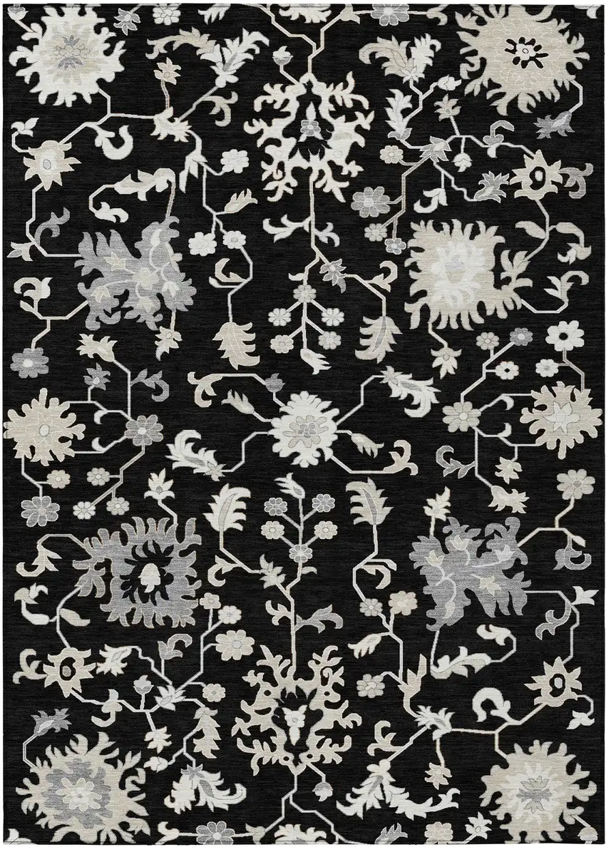 Black Ivory And Gray Floral Washable Indoor Outdoor Area Rug Photo 8