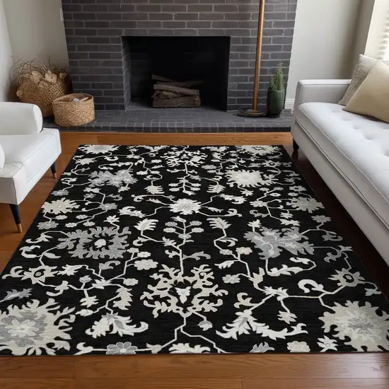 Black Ivory And Gray Floral Washable Indoor Outdoor Area Rug Photo 6