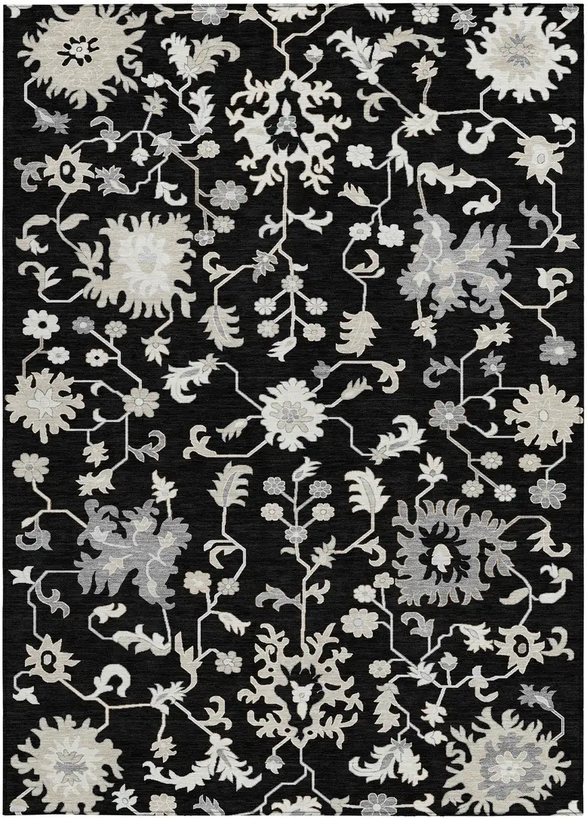 Black Ivory And Gray Floral Washable Indoor Outdoor Area Rug Photo 9