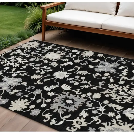 Black Ivory And Gray Floral Washable Indoor Outdoor Area Rug Photo 2