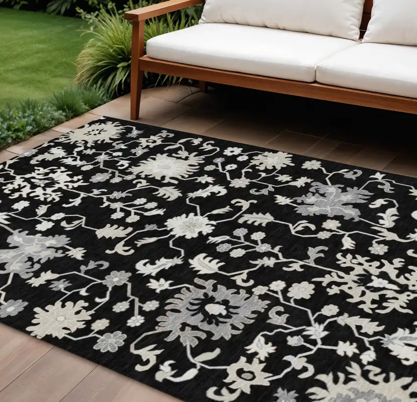 Black Ivory And Gray Floral Washable Indoor Outdoor Area Rug Photo 2