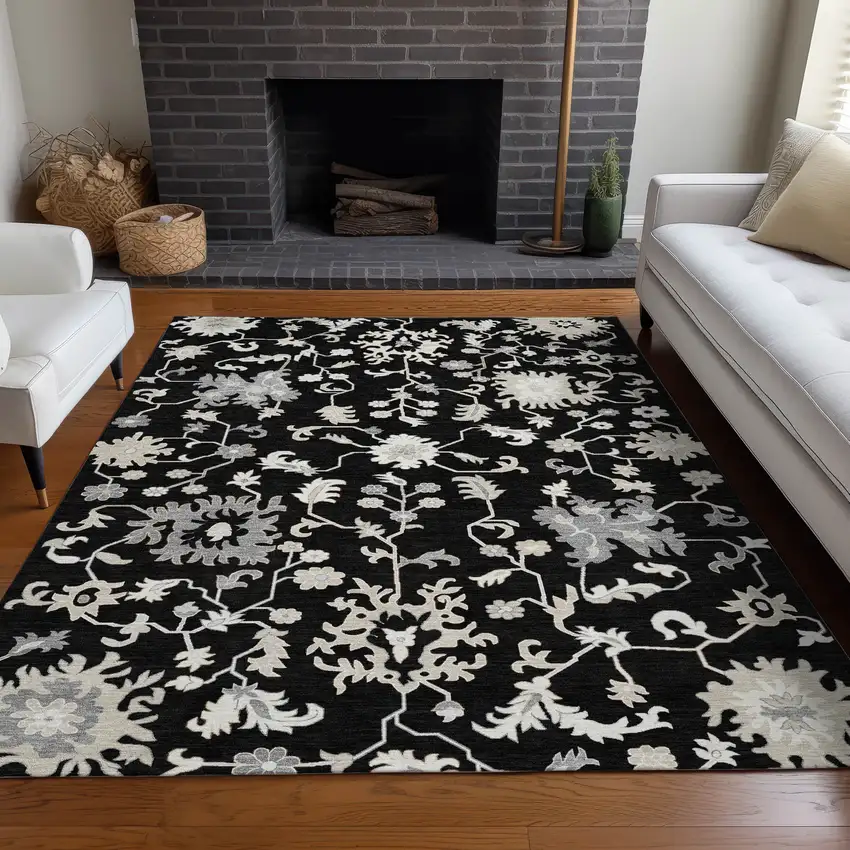 Black Ivory And Gray Floral Washable Indoor Outdoor Area Rug Photo 7