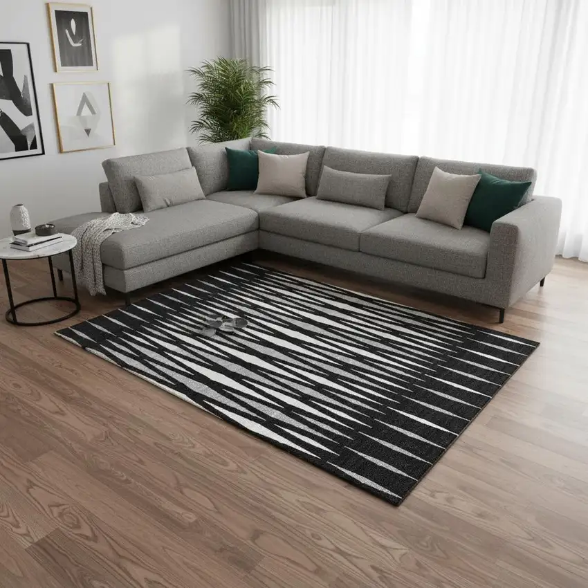 Black Ivory And Gray Geometric Washable Area Rug With UV Protection Photo 2