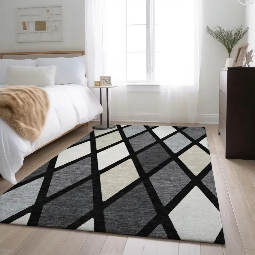 Black Ivory And Gray Geometric Washable Area Rug With UV Protection Photo 6