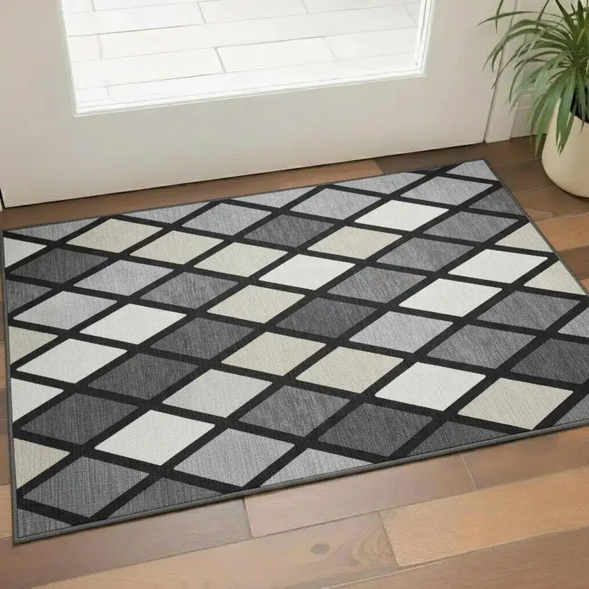 Black Ivory And Gray Geometric Washable Area Rug With UV Protection Photo 1