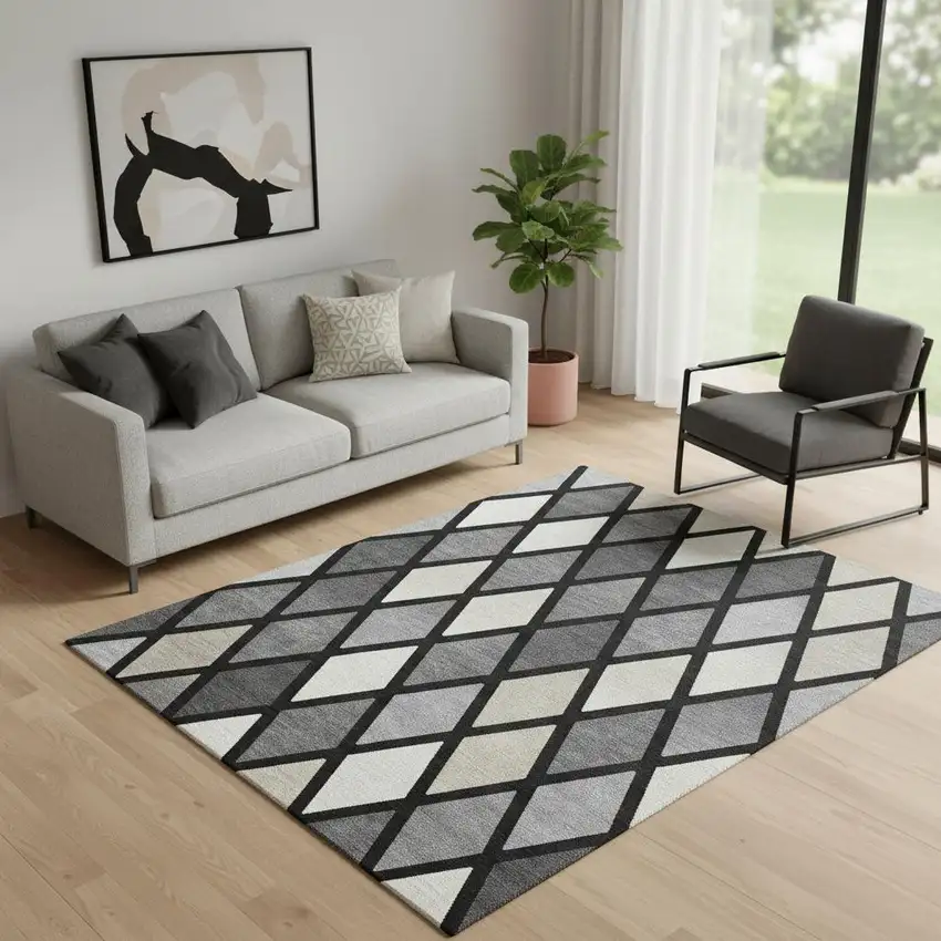 Black Ivory And Gray Geometric Washable Area Rug With UV Protection Photo 1
