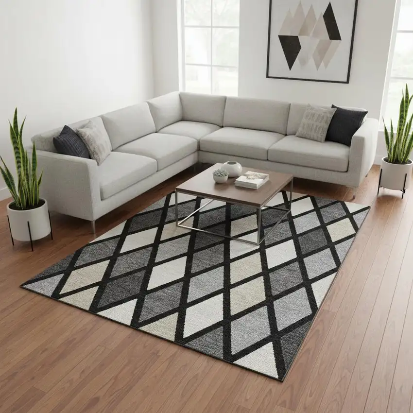 Black Ivory And Gray Geometric Washable Area Rug With UV Protection Photo 2