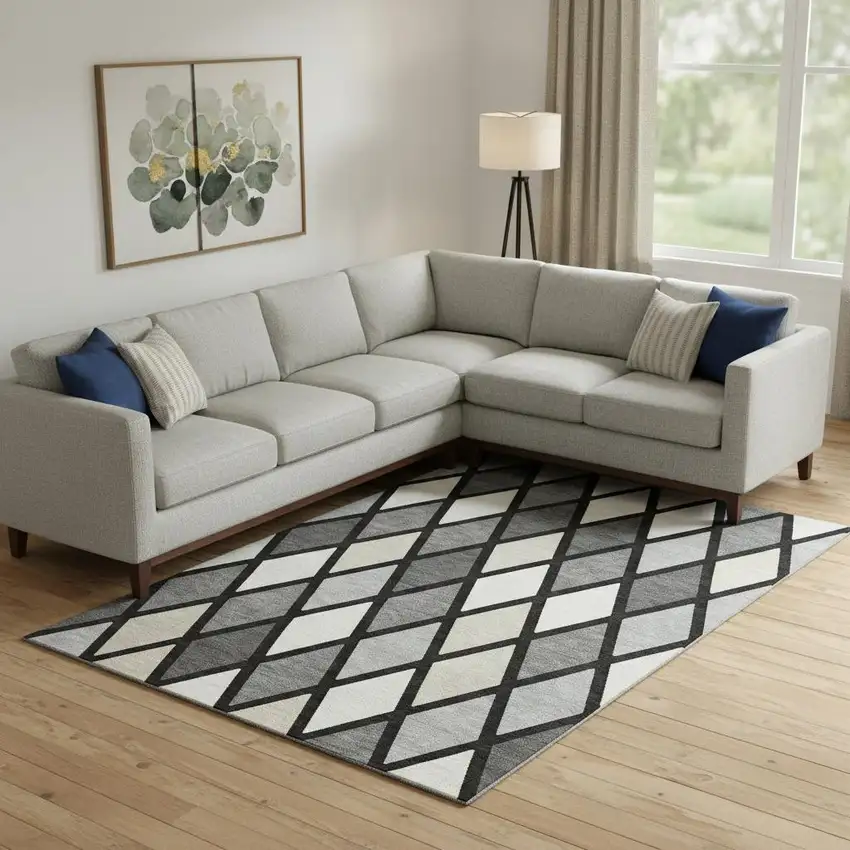 Black Ivory And Gray Geometric Washable Area Rug With UV Protection Photo 1